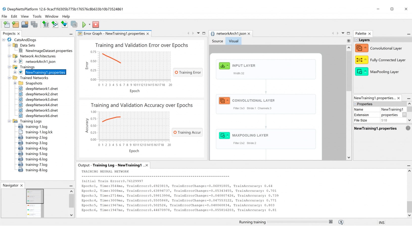 Deep Netts IDE with training error and accuracy graphs and a visual network architecture editor